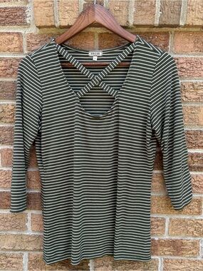 Froxx Olive Striped Crisscross Neck Long Sleeve Tee size medium